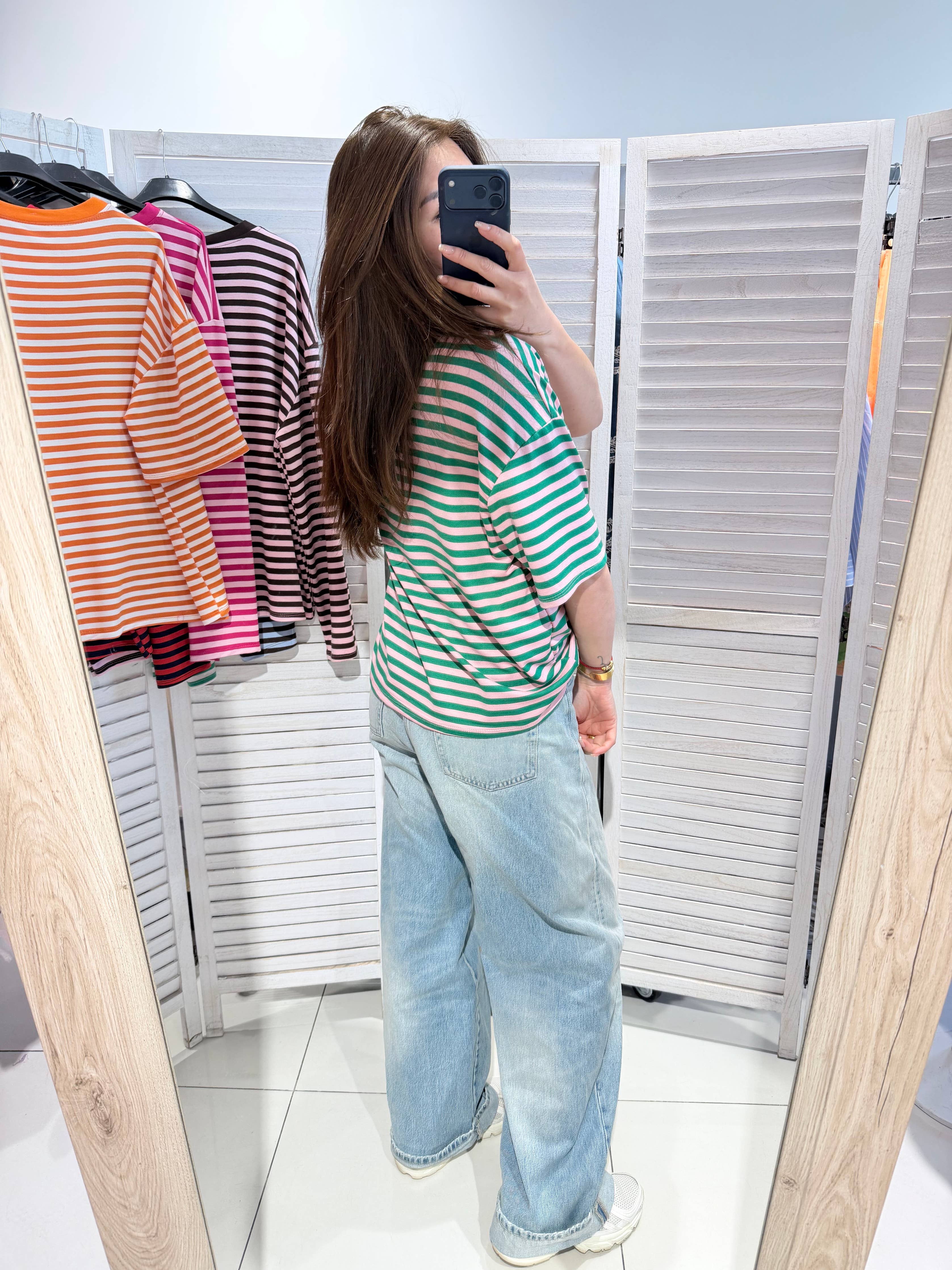 Stripe Tee in grün-hellrosa