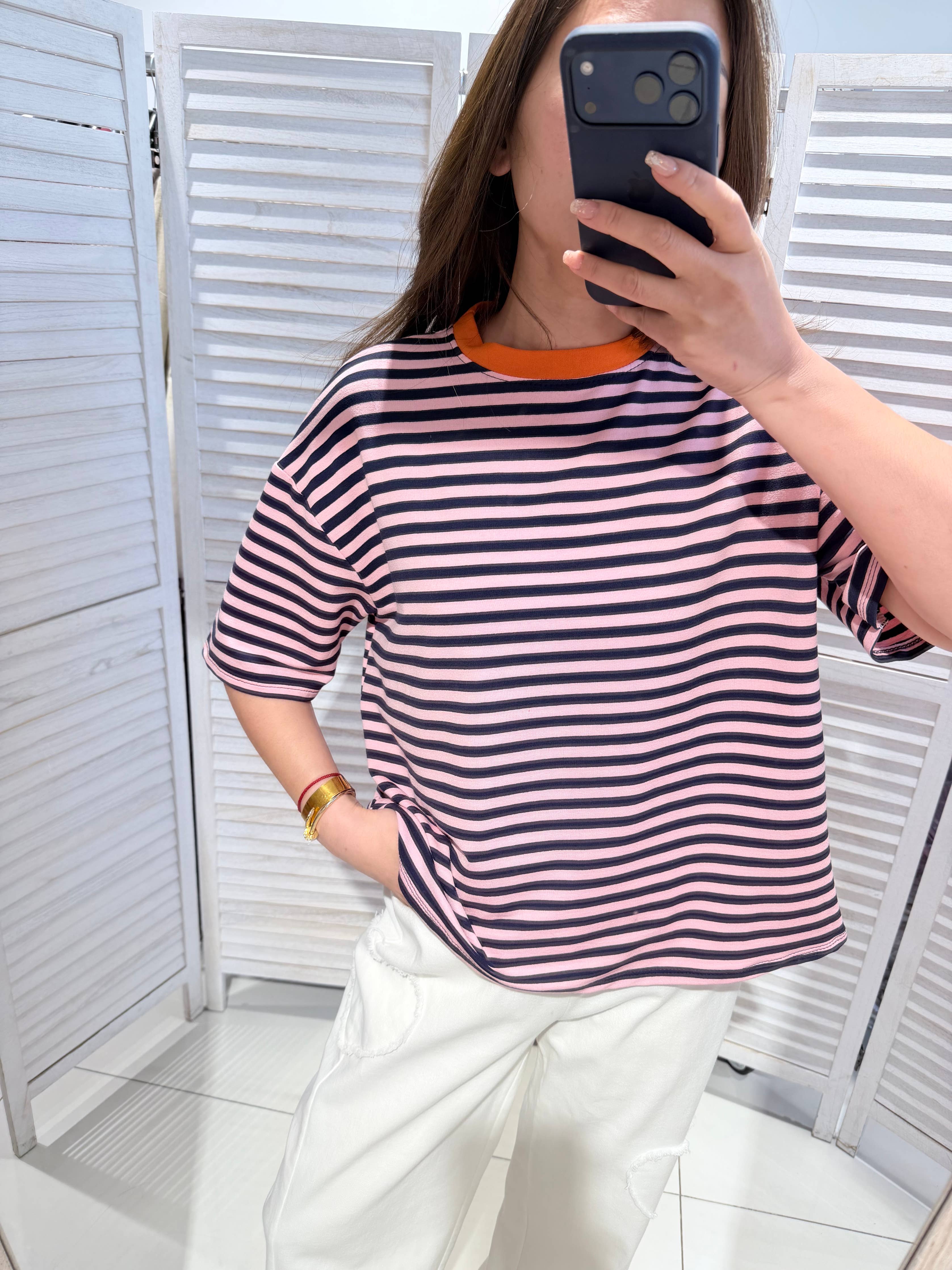 Stripe Tee in marineblau-rosa