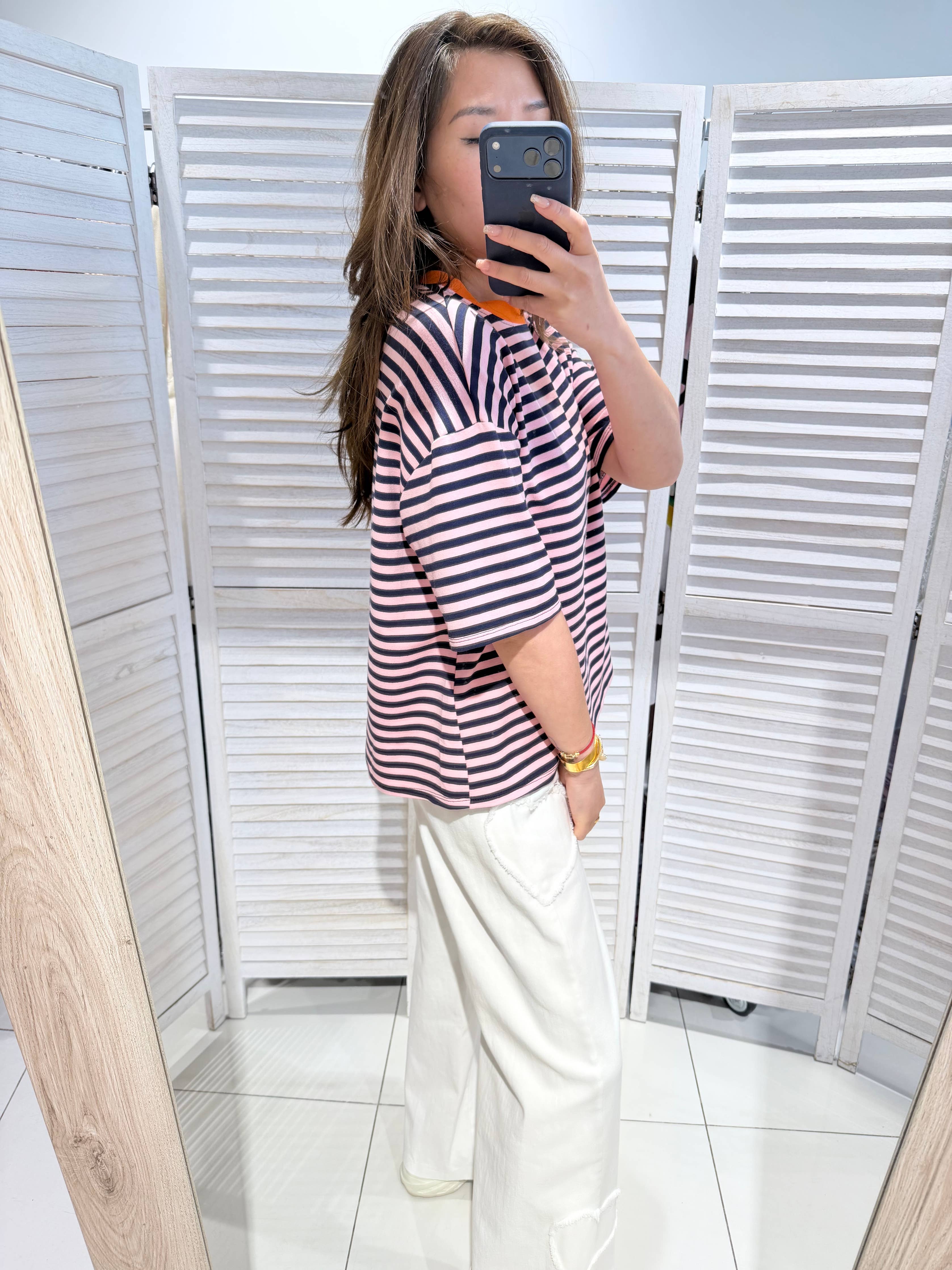Stripe Tee in marineblau-rosa