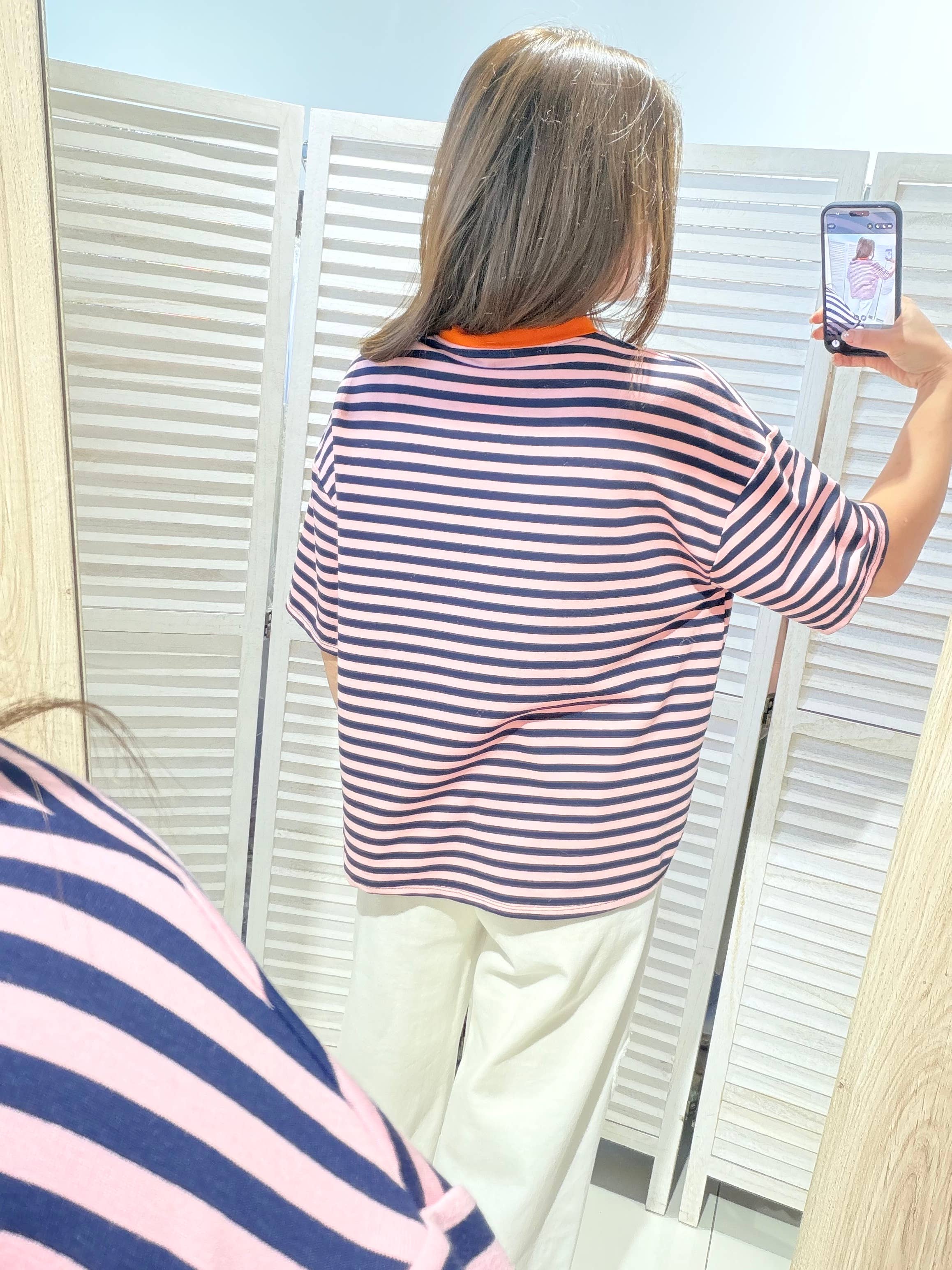 Stripe Tee in marineblau-rosa