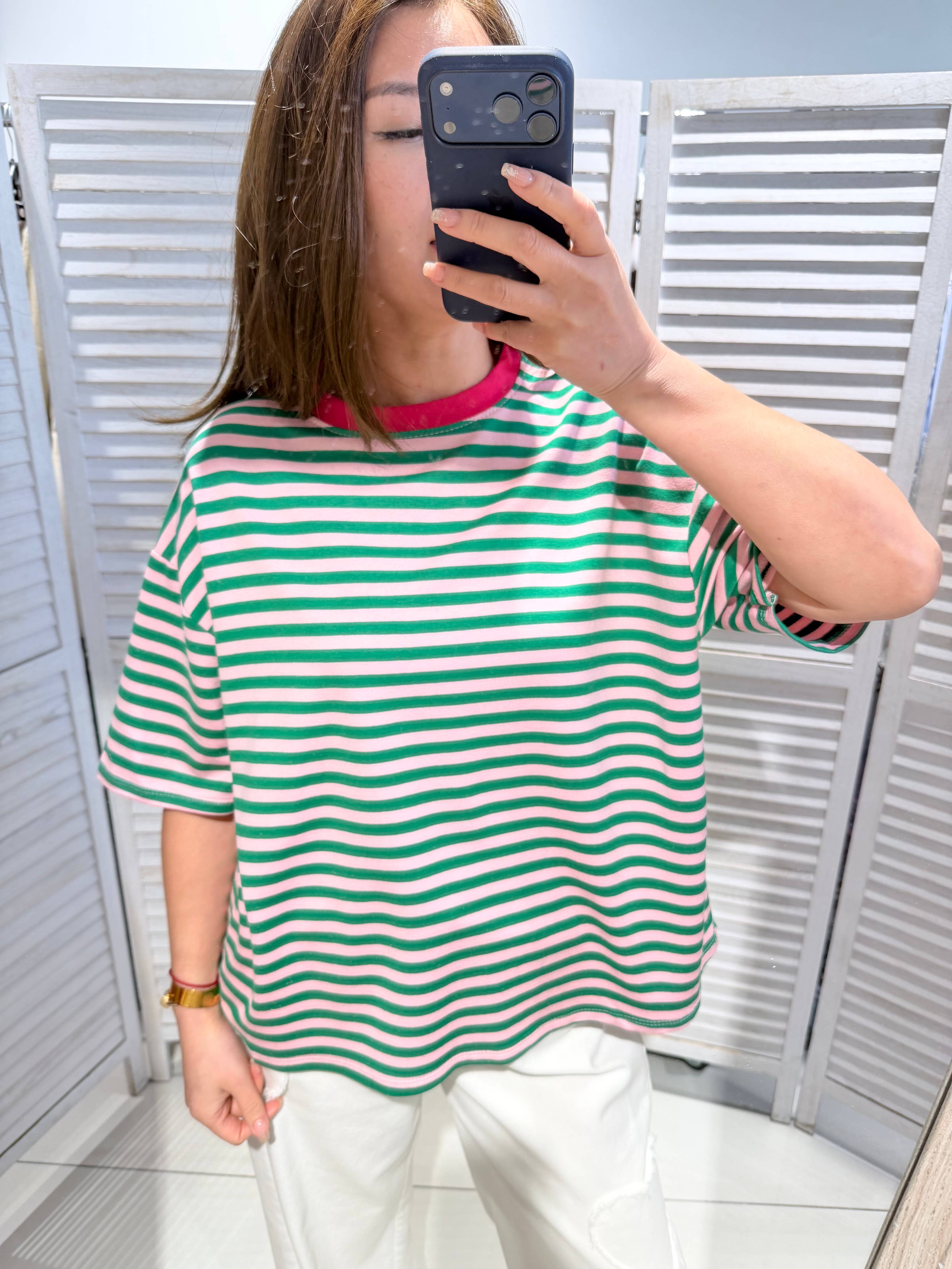 Stripe Tee in grün-rosa