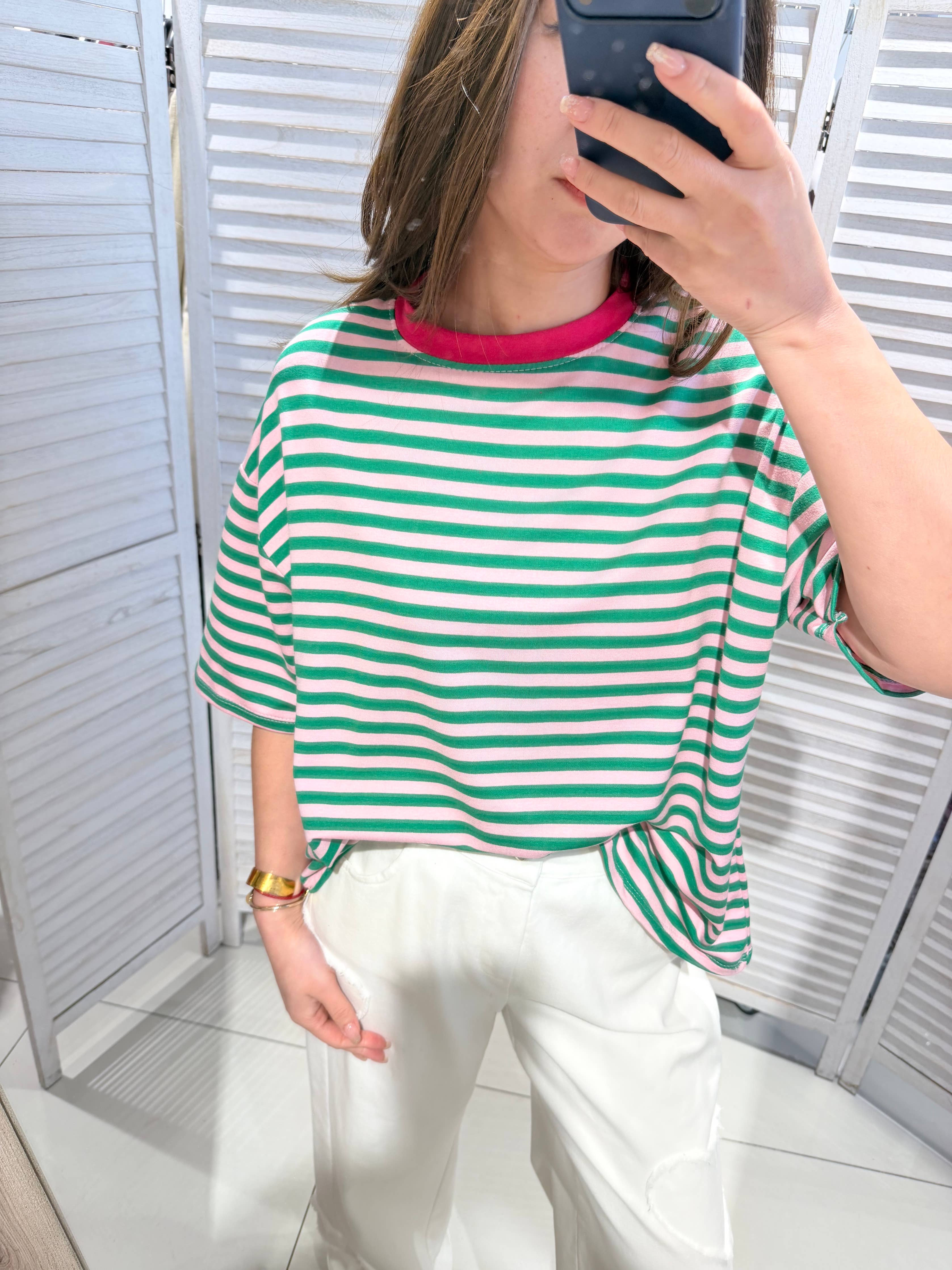 Stripe Tee in grün-rosa