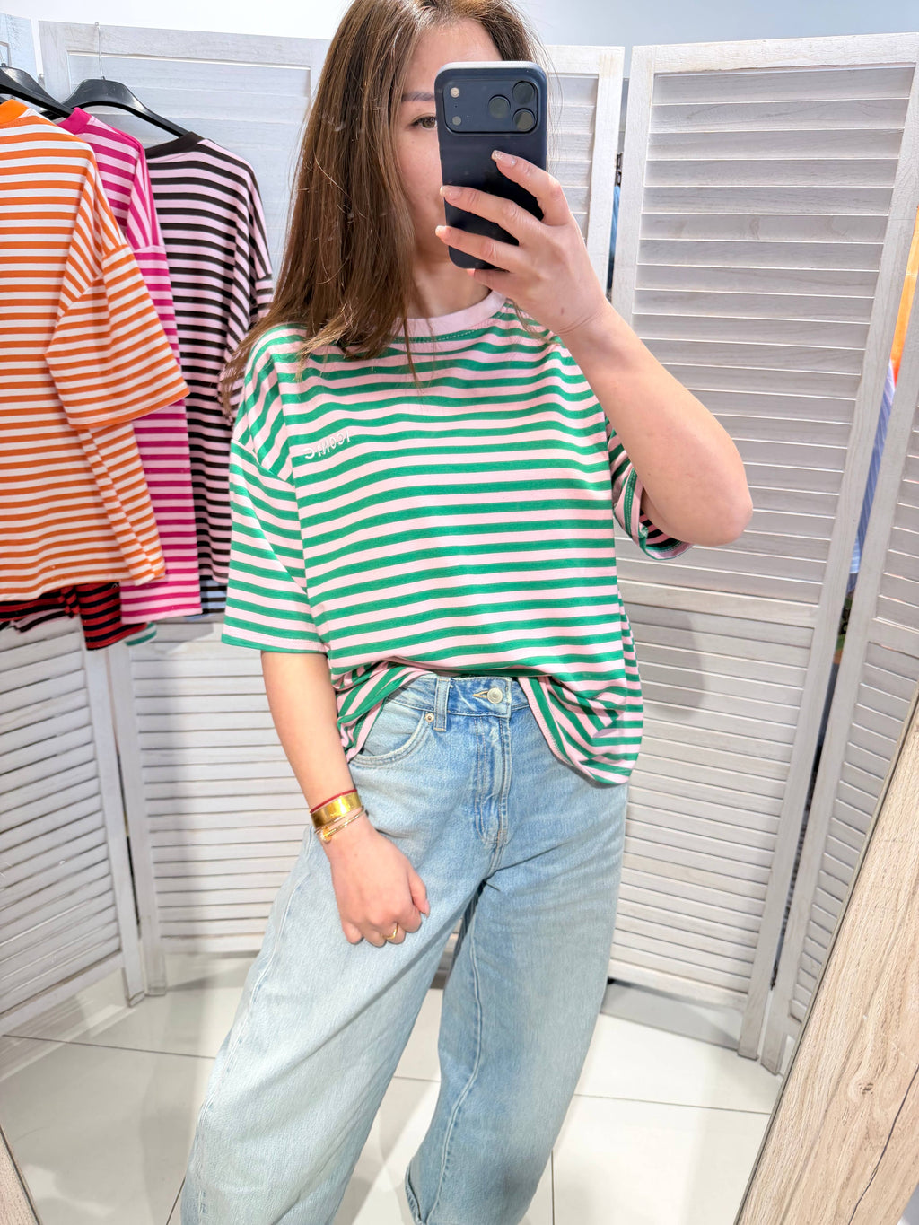 Stripe Tee in grün-hellrosa